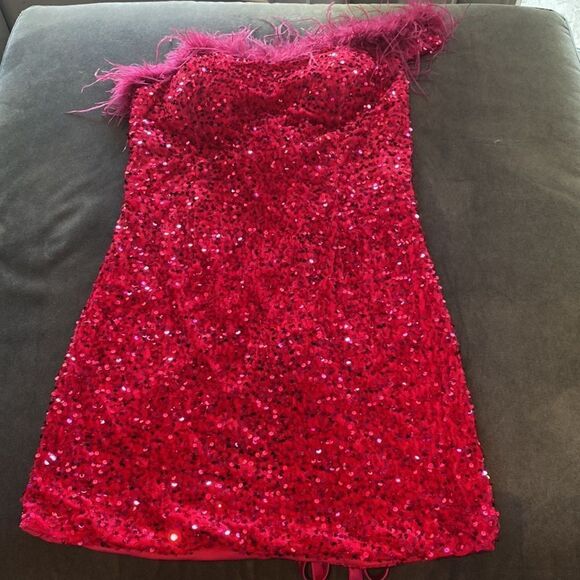 Women’s Pink Short Feather & Sequin One Shoulder Prom Party Dress Size 14 *READ - Picture 9 of 16